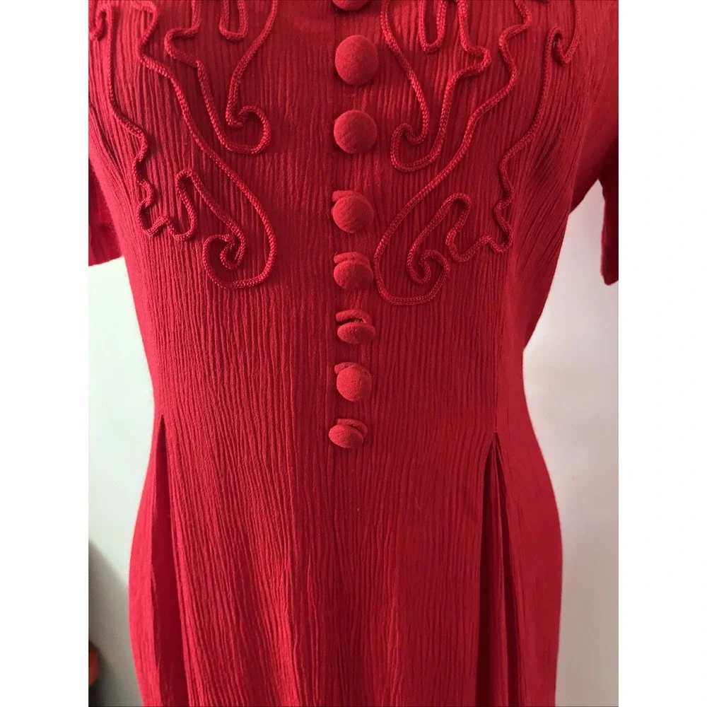 VTG Adam Jason Dress Size 10 Red 80's 90's Floral Embroidery Tie Boho Secretary